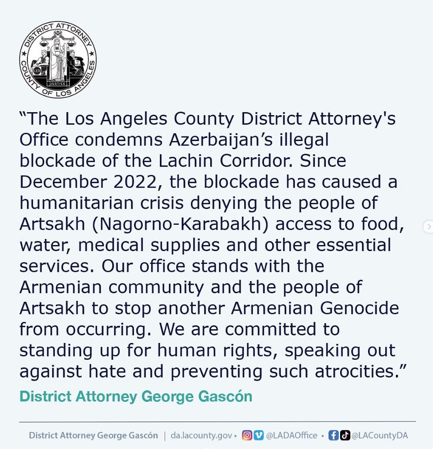 LA District Attorney Condemns Azerbaijan’s Blockade of Artsakh